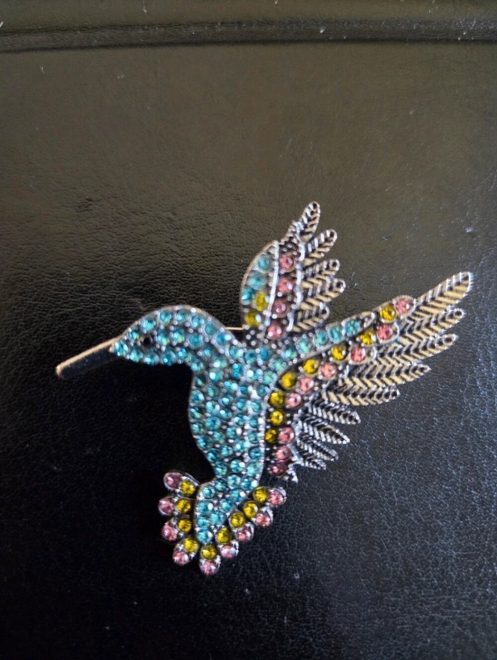 Turquoise, Pink & Yellow Crystal Hummingbird Brooch, Nwot